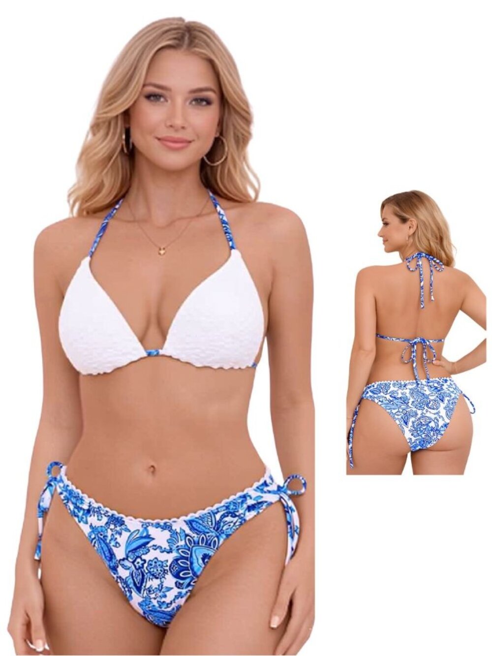 A3 🆕Small Blue White Boho Triangle Bikini Set Tie Side Halter Swimwear NWOT